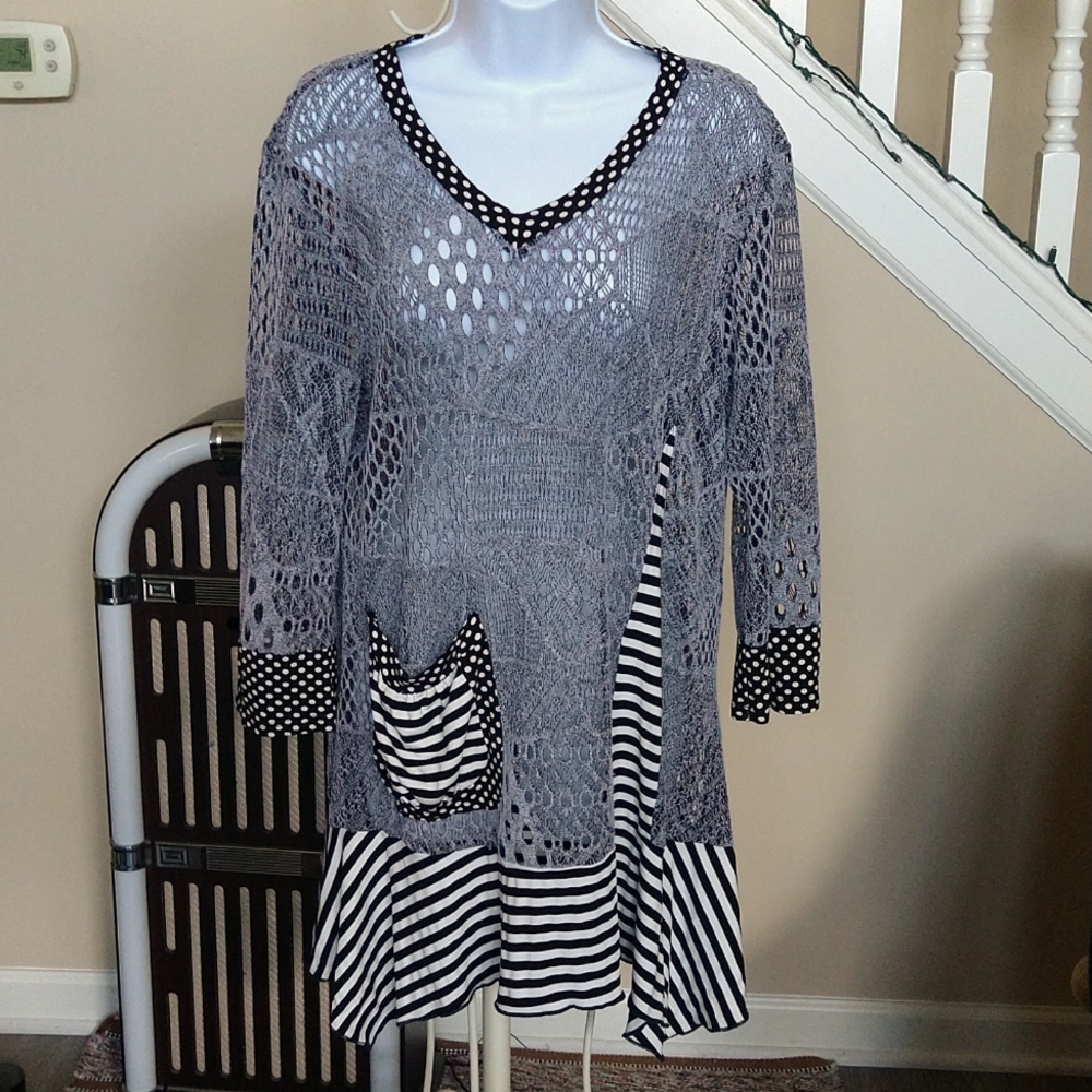 ASTER BY FIRMIANA Sheer Lace Tunic/Coverup, Gray,Black,White 3/4 Sleeve Sz XL